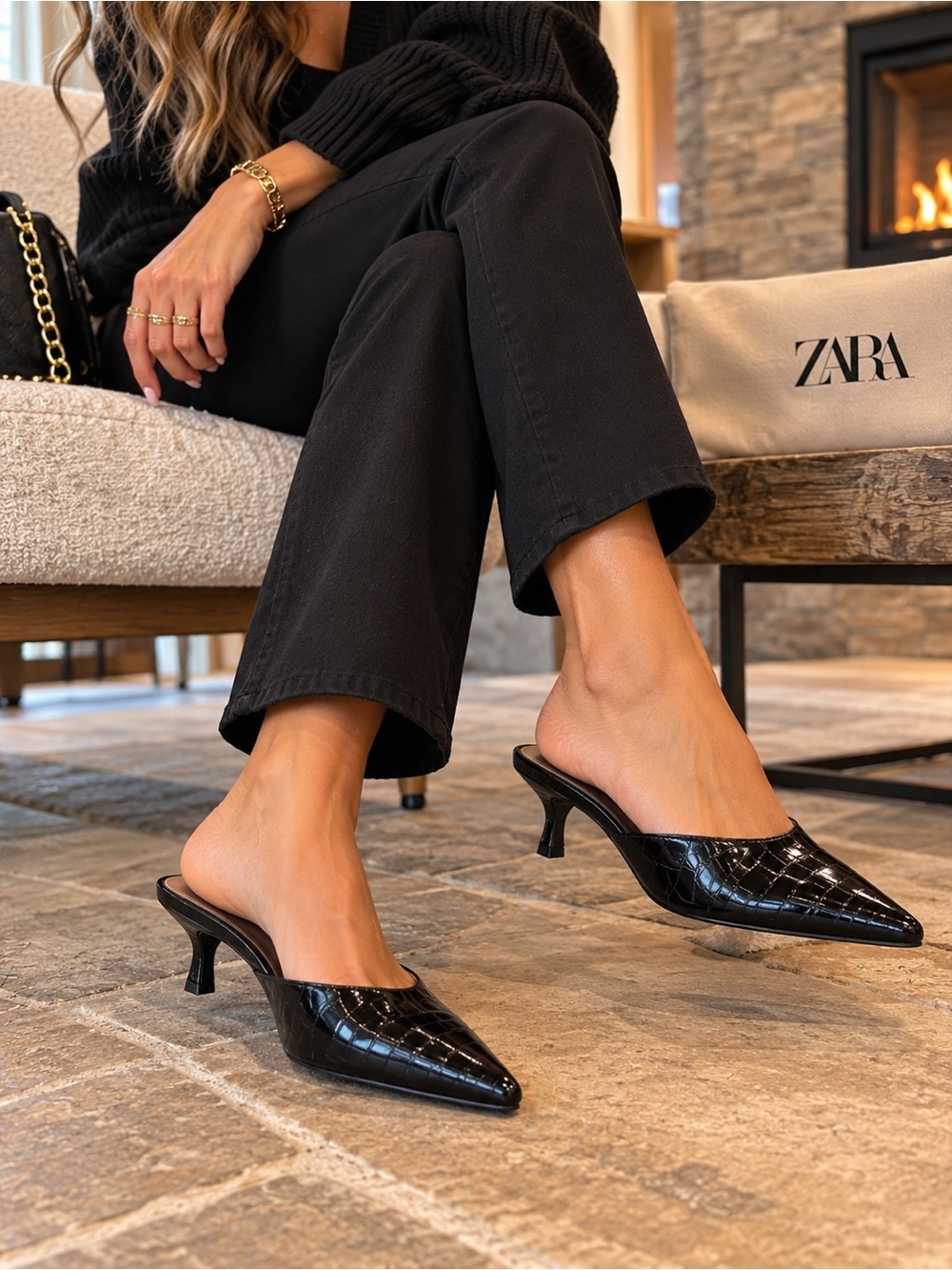 NWT! Zara Black Croc-Effect Pointed Kitten Heel Mules size 39